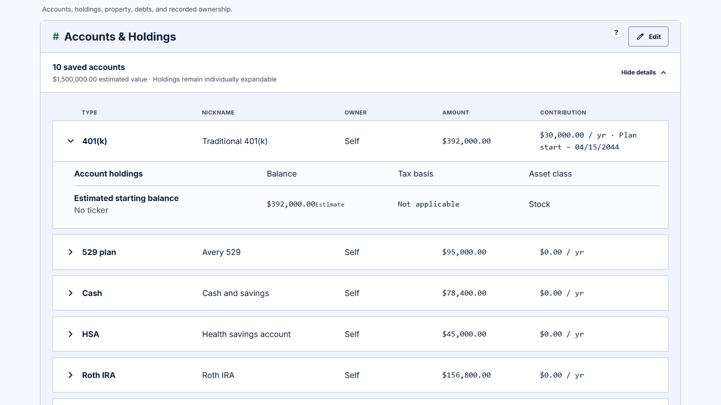 YARCalc product screen demonstrating bring the whole retirement picture together.